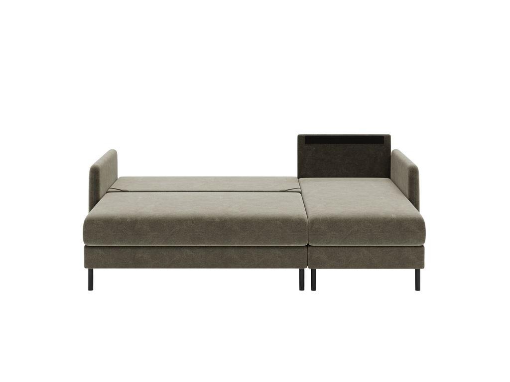 Bellari L-förmiges Ecksofa, universelle Seite mit Schlaffunktion und Bettkasten, Bezug aus Seal-Gewebe, Samt