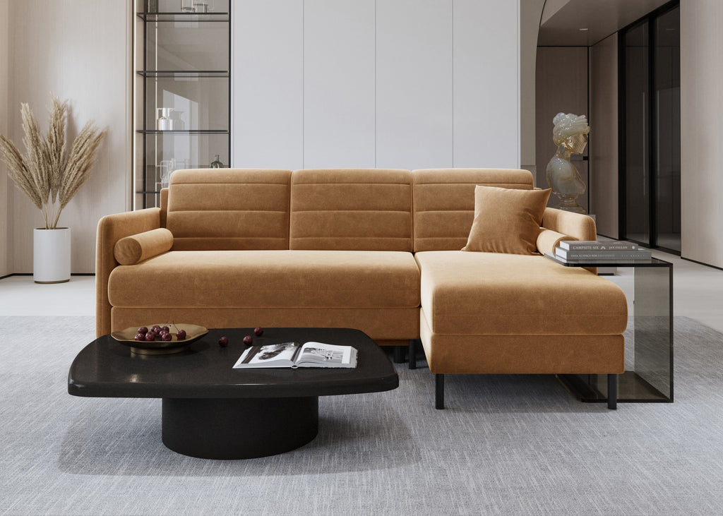 Bellari L-förmiges Ecksofa, universelle Seite mit Schlaffunktion und Bettkasten, Bezug aus Seal-Gewebe, Samt