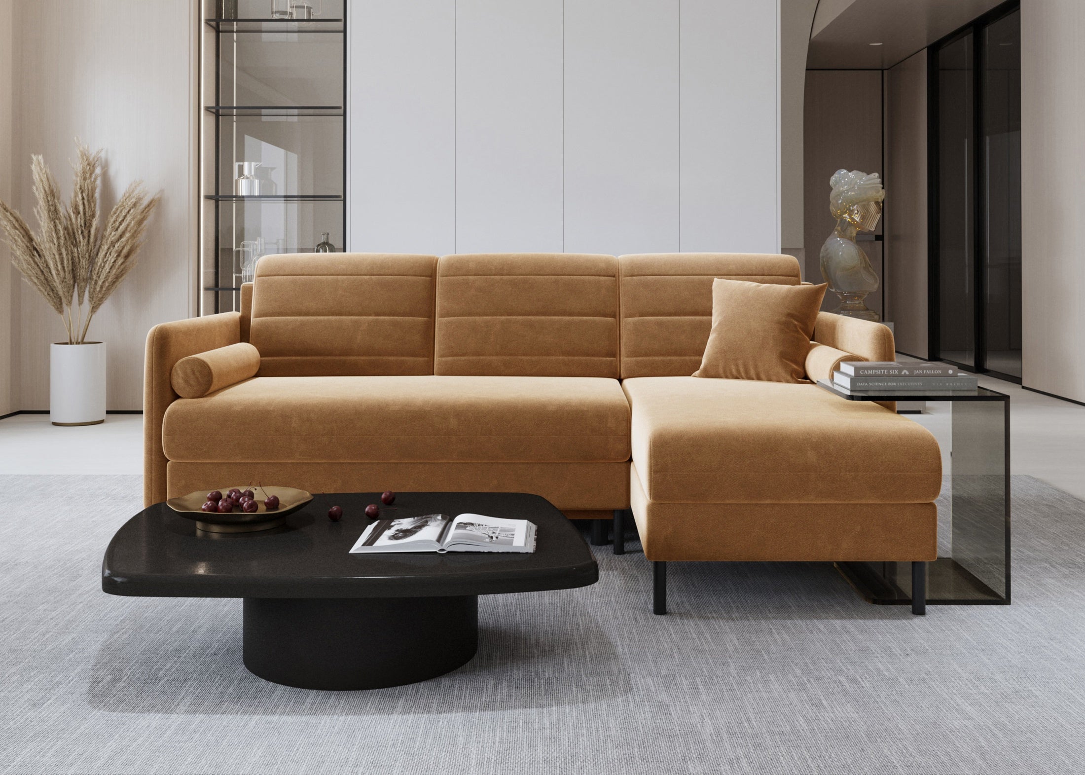 Bellari L-förmiges Ecksofa, universelle Seite mit Schlaffunktion und Bettkasten, Bezug aus Seal-Gewebe, Samt