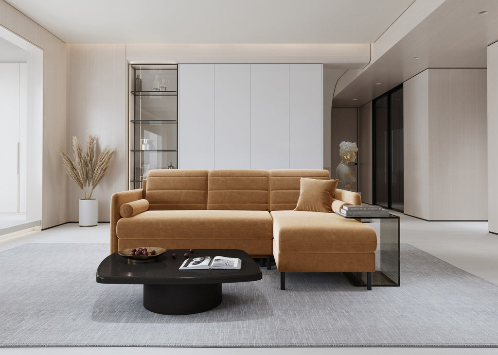 Bellari L-förmiges Ecksofa, universelle Seite mit Schlaffunktion und Bettkasten, Bezug aus Seal-Gewebe, Samt