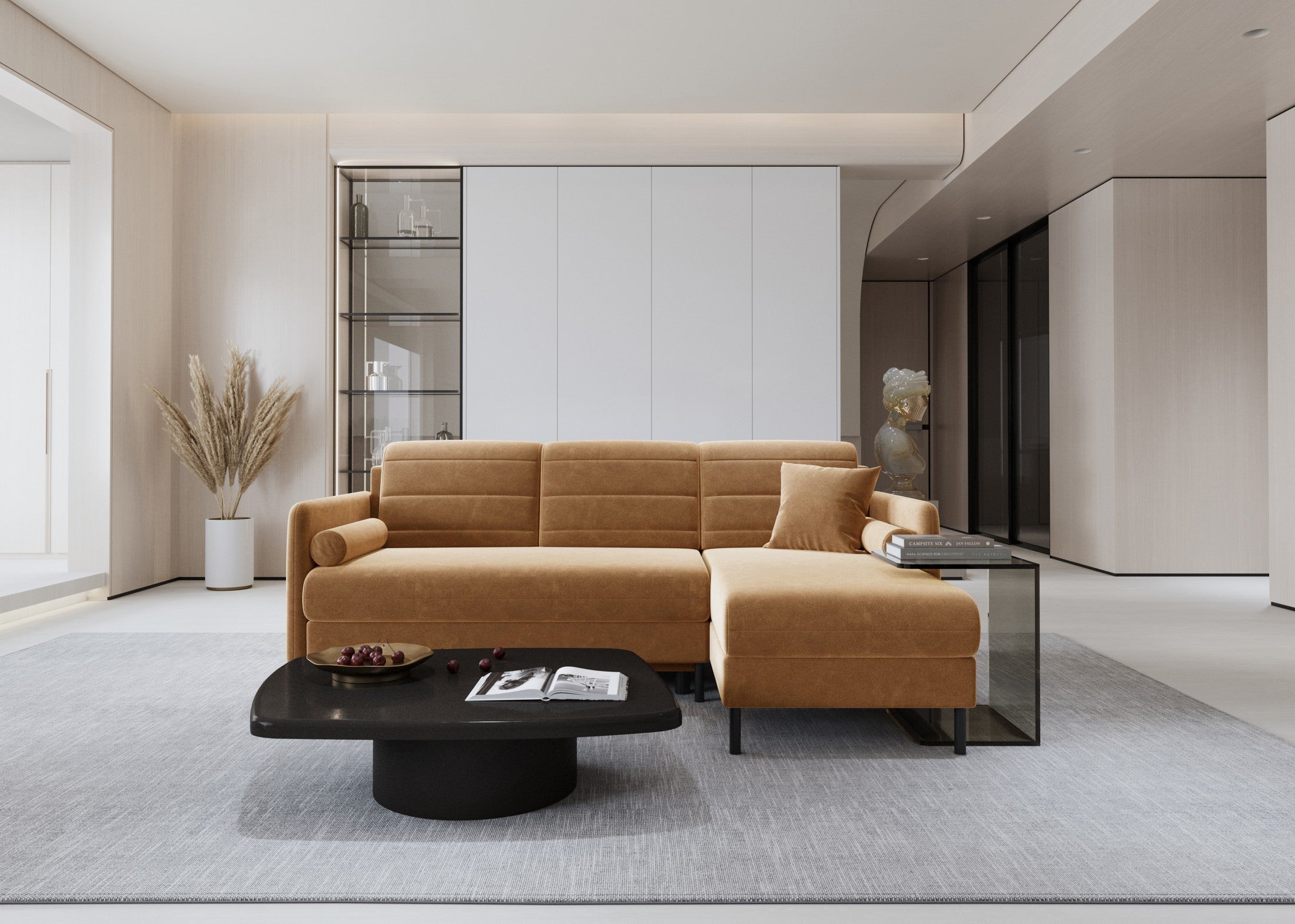 Bellari L-förmiges Ecksofa, universelle Seite mit Schlaffunktion und Bettkasten, Bezug aus Seal-Gewebe, Samt