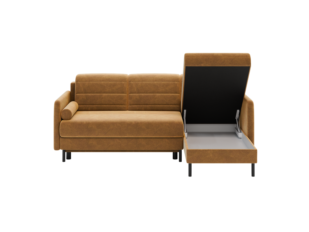 Bellari L-förmiges Ecksofa, universelle Seite mit Schlaffunktion und Bettkasten, Bezug aus Seal-Gewebe, Samt