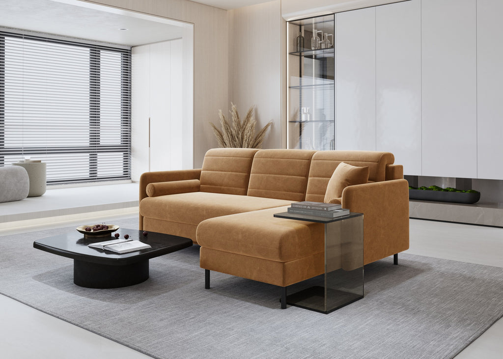 Bellari L-förmiges Ecksofa, universelle Seite mit Schlaffunktion und Bettkasten, Bezug aus Seal-Gewebe, Samt