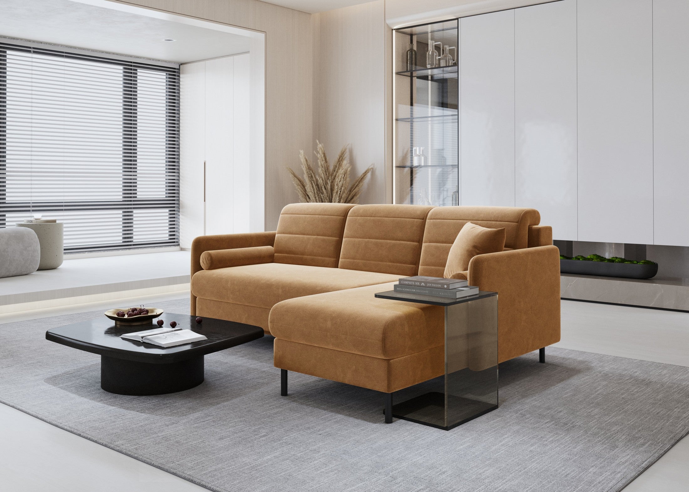 Bellari L-förmiges Ecksofa, universelle Seite mit Schlaffunktion und Bettkasten, Bezug aus Seal-Gewebe, Samt