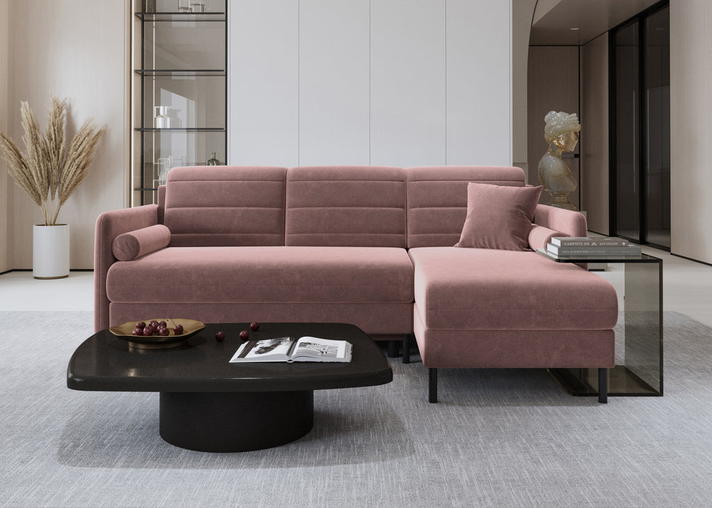 Bellari L-förmiges Ecksofa, universelle Seite mit Schlaffunktion und Bettkasten, Bezug aus Seal-Gewebe, Samt