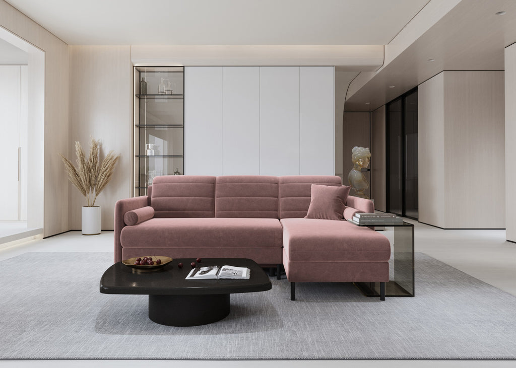 Bellari L-förmiges Ecksofa, universelle Seite mit Schlaffunktion und Bettkasten, Bezug aus Seal-Gewebe, Samt