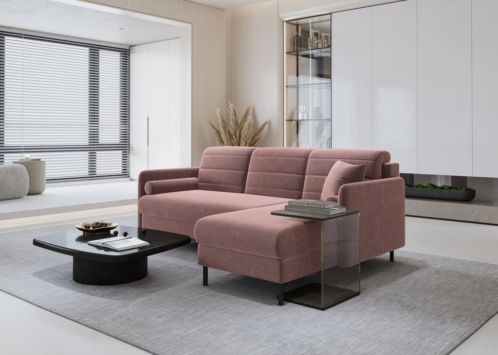 Bellari L-förmiges Ecksofa, universelle Seite mit Schlaffunktion und Bettkasten, Bezug aus Seal-Gewebe, Samt