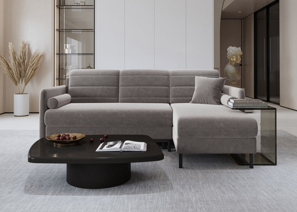 Bellari L-förmiges Ecksofa, universelle Seite mit Schlaffunktion und Bettkasten, Bezug aus Seal-Gewebe, Samt