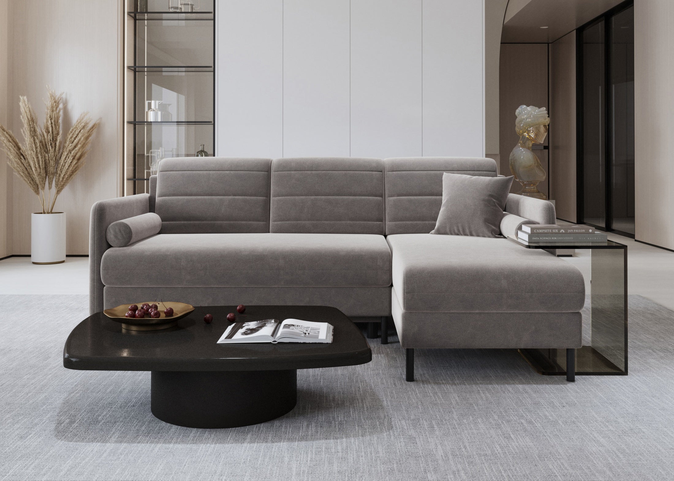 Narożnik Bellari L- kształtny uniwersalna strona z funkcja spania i pojemnikiem na pościel tkanina Seal welur