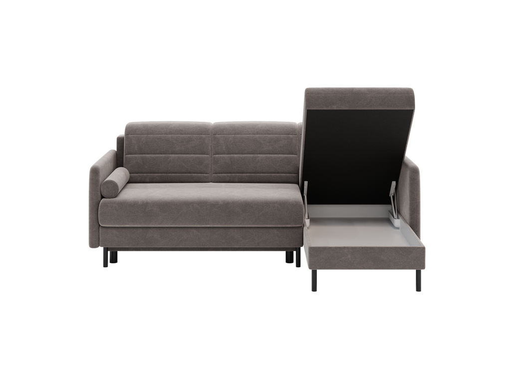 Bellari L-förmiges Ecksofa, universelle Seite mit Schlaffunktion und Bettkasten, Bezug aus Seal-Gewebe, Samt