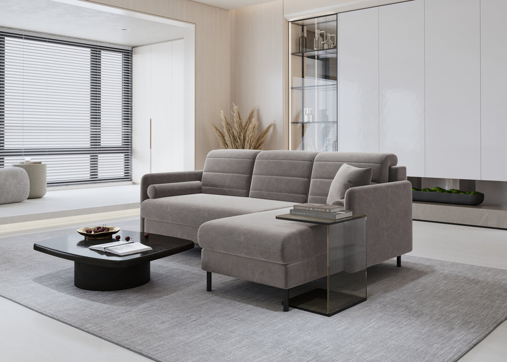 Bellari L-förmiges Ecksofa, universelle Seite mit Schlaffunktion und Bettkasten, Bezug aus Seal-Gewebe, Samt