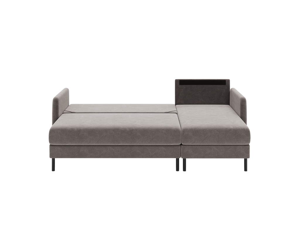 Bellari L-förmiges Ecksofa, universelle Seite mit Schlaffunktion und Bettkasten, Bezug aus Seal-Gewebe, Samt