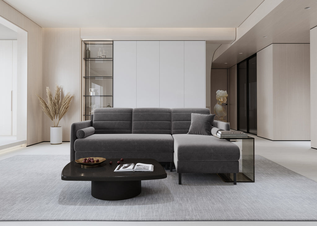 Bellari L-förmiges Ecksofa, universelle Seite mit Schlaffunktion und Bettkasten, Bezug aus Seal-Gewebe, Samt