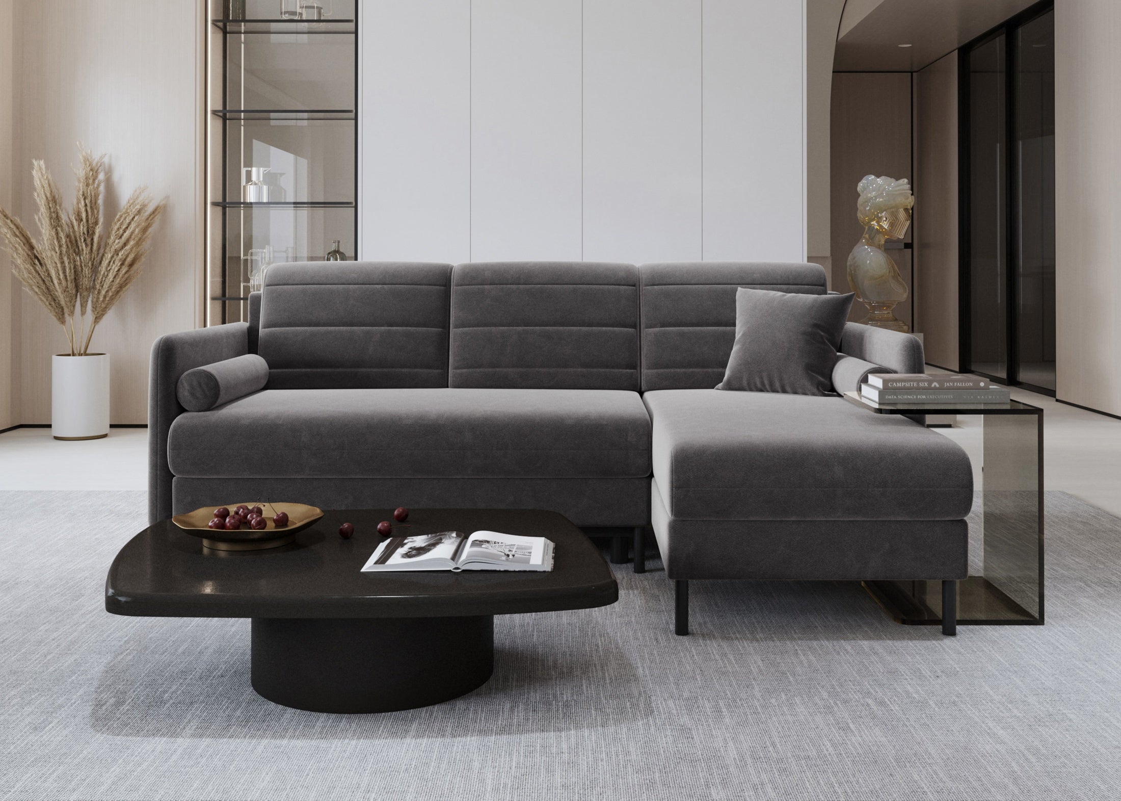 Bellari L-förmiges Ecksofa, universelle Seite mit Schlaffunktion und Bettkasten, Bezug aus Seal-Gewebe, Samt