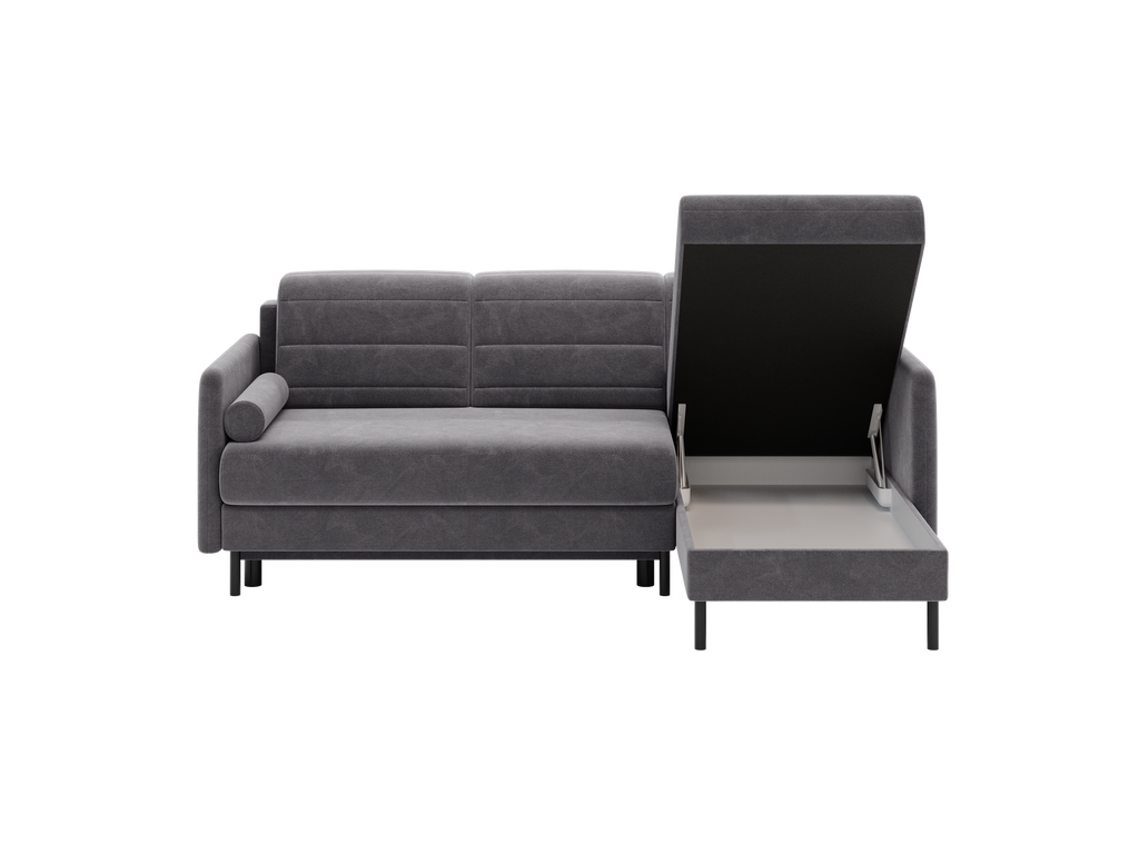 Bellari L-förmiges Ecksofa, universelle Seite mit Schlaffunktion und Bettkasten, Bezug aus Seal-Gewebe, Samt