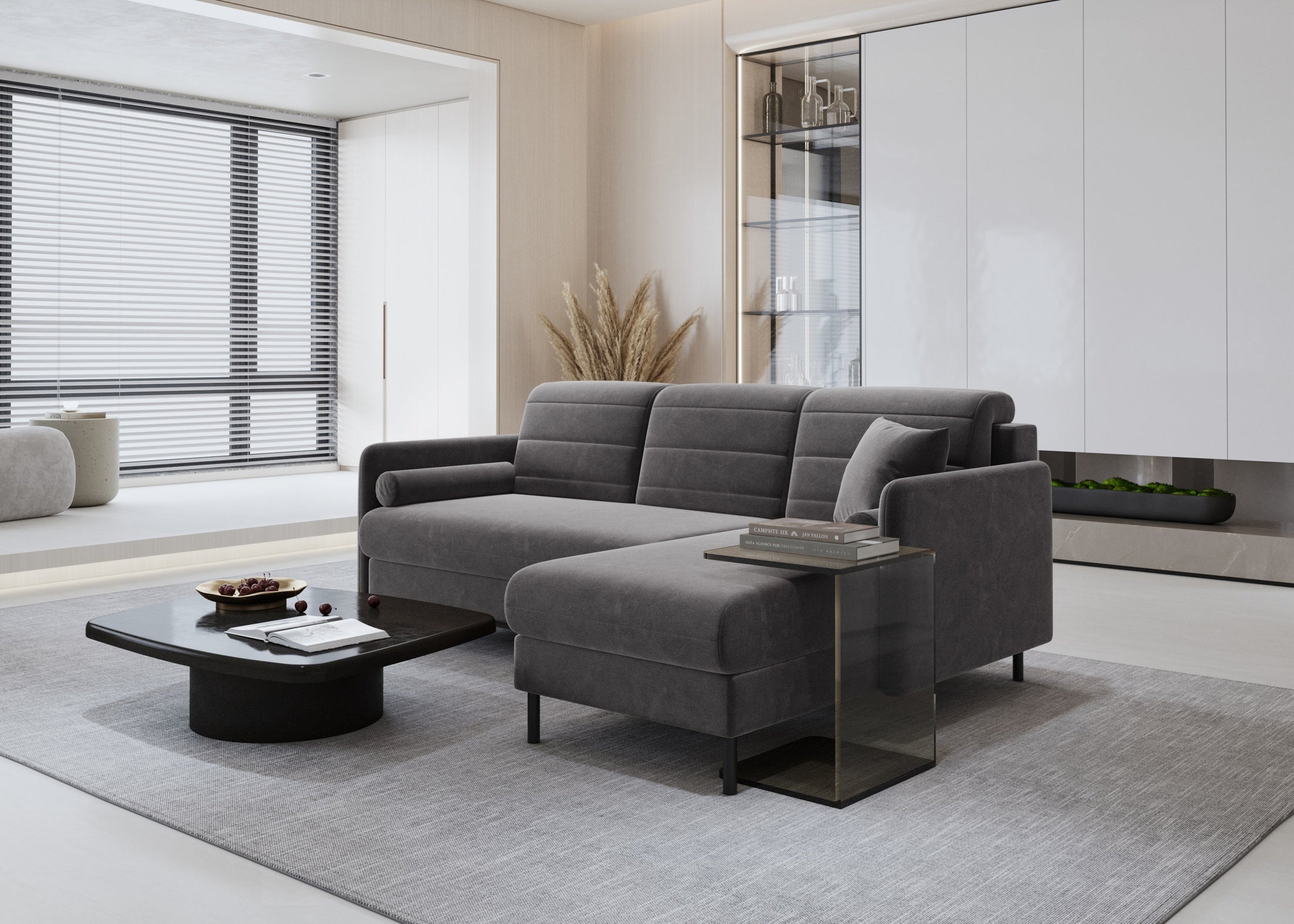 Bellari L-förmiges Ecksofa, universelle Seite mit Schlaffunktion und Bettkasten, Bezug aus Seal-Gewebe, Samt