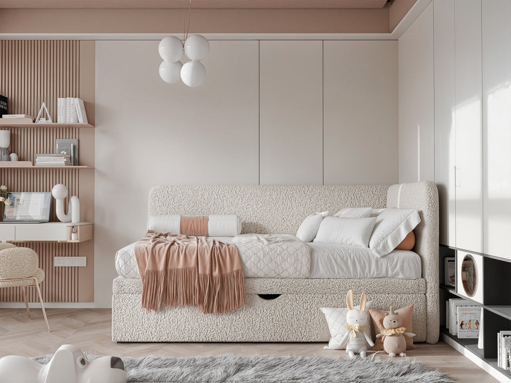 Korvo Jugendbett mit Schublade und Seitengitter, Bouclé-Stoff, Lambi-Stoff