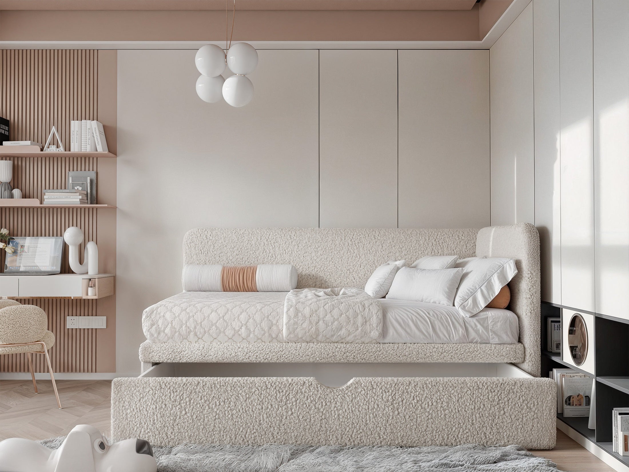 Korvo Jugendbett mit Schublade und Seitengitter, Bouclé-Stoff, Lambi-Stoff