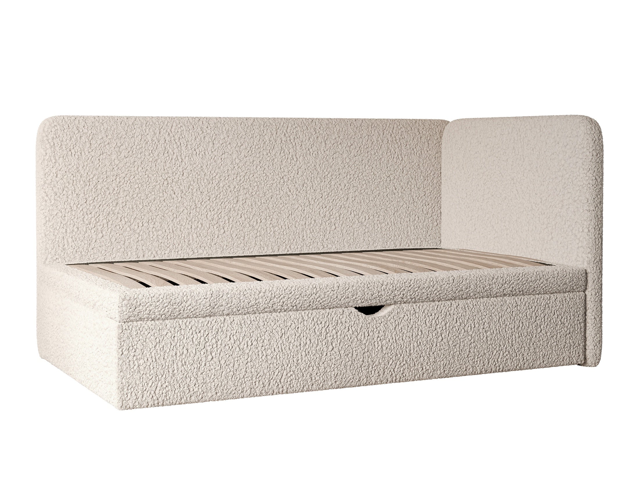 Korvo Jugendbett mit Schublade und Seitengitter, Bouclé-Stoff, Lambi-Stoff