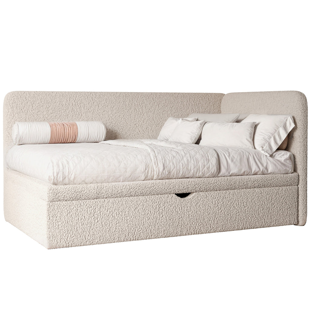 Korvo Jugendbett mit Schublade und Seitengitter, Bouclé-Stoff, Lambi-Stoff