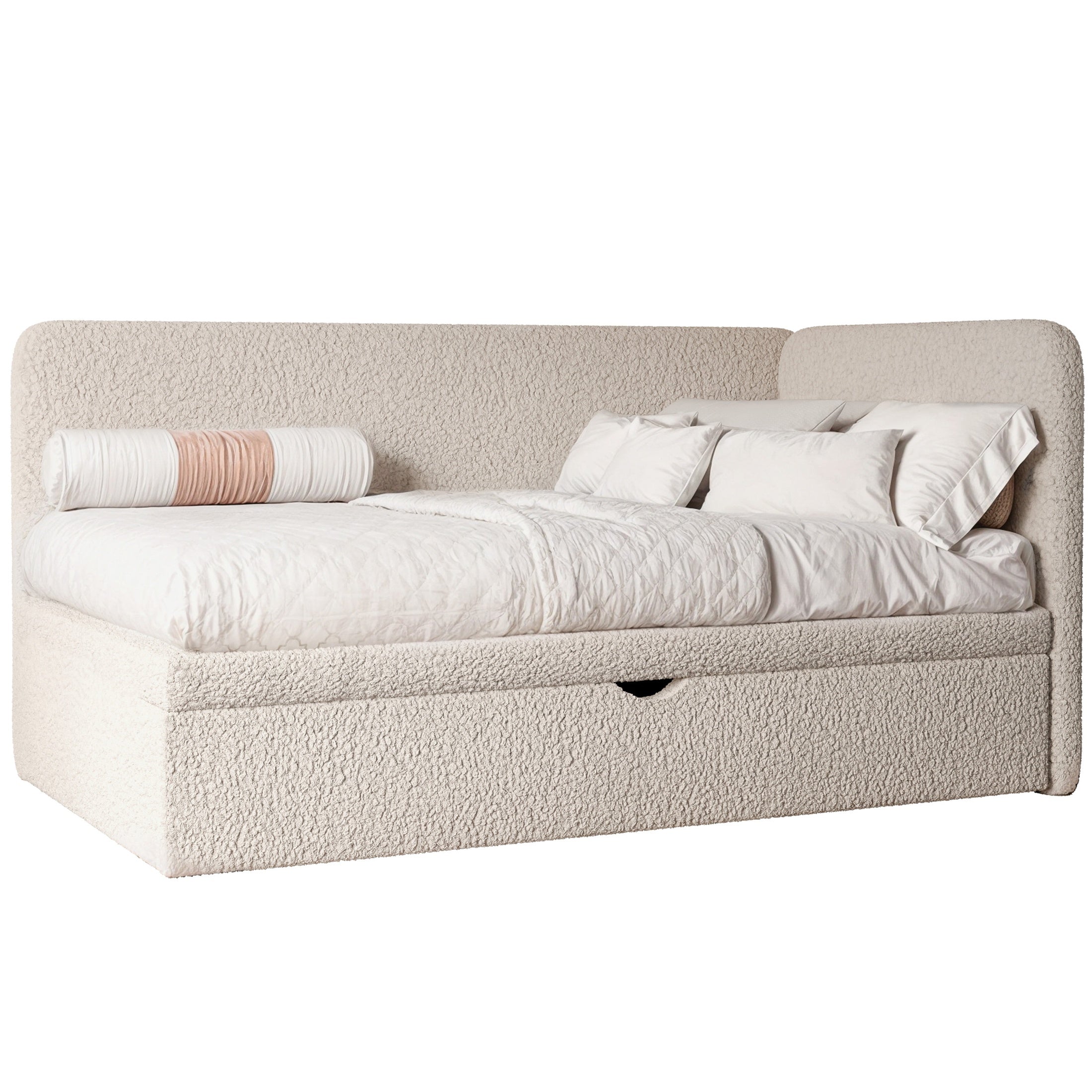 Korvo Jugendbett mit Schublade und Seitengitter, Bouclé-Stoff, Lambi-Stoff