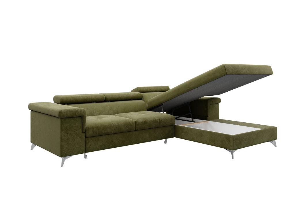 Ecksofa Kallvi L - Schlaffunktion, verstellbare Kopfstützen, Bettkasten, Samtbezug.