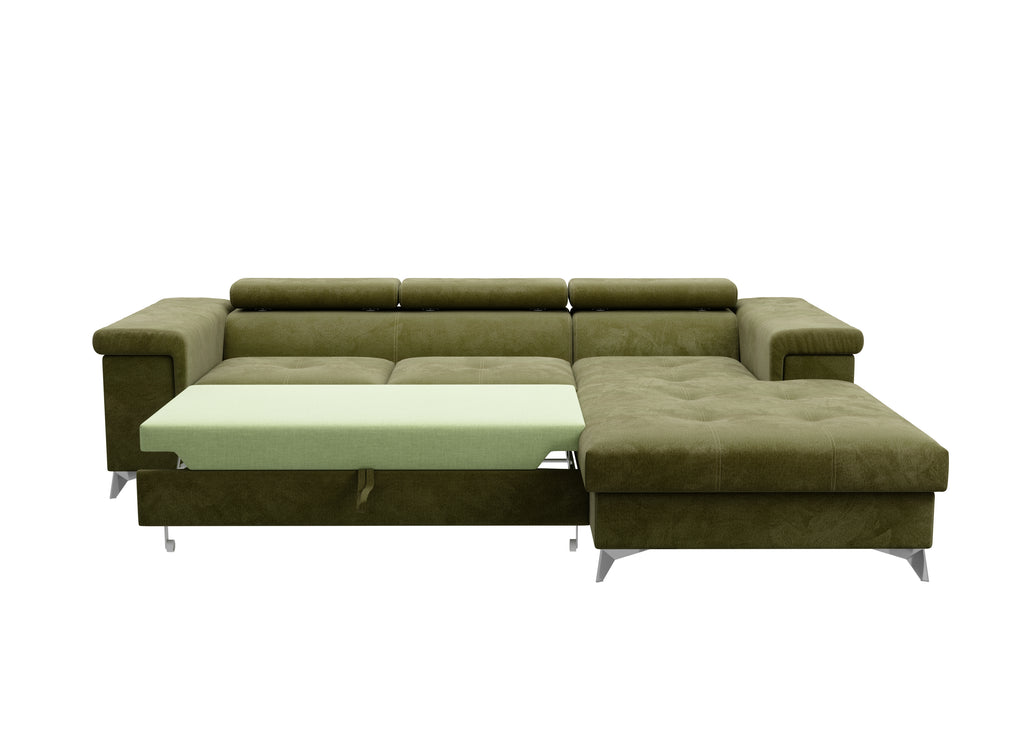 Ecksofa Kallvi L - Schlaffunktion, verstellbare Kopfstützen, Bettkasten, Samtbezug.