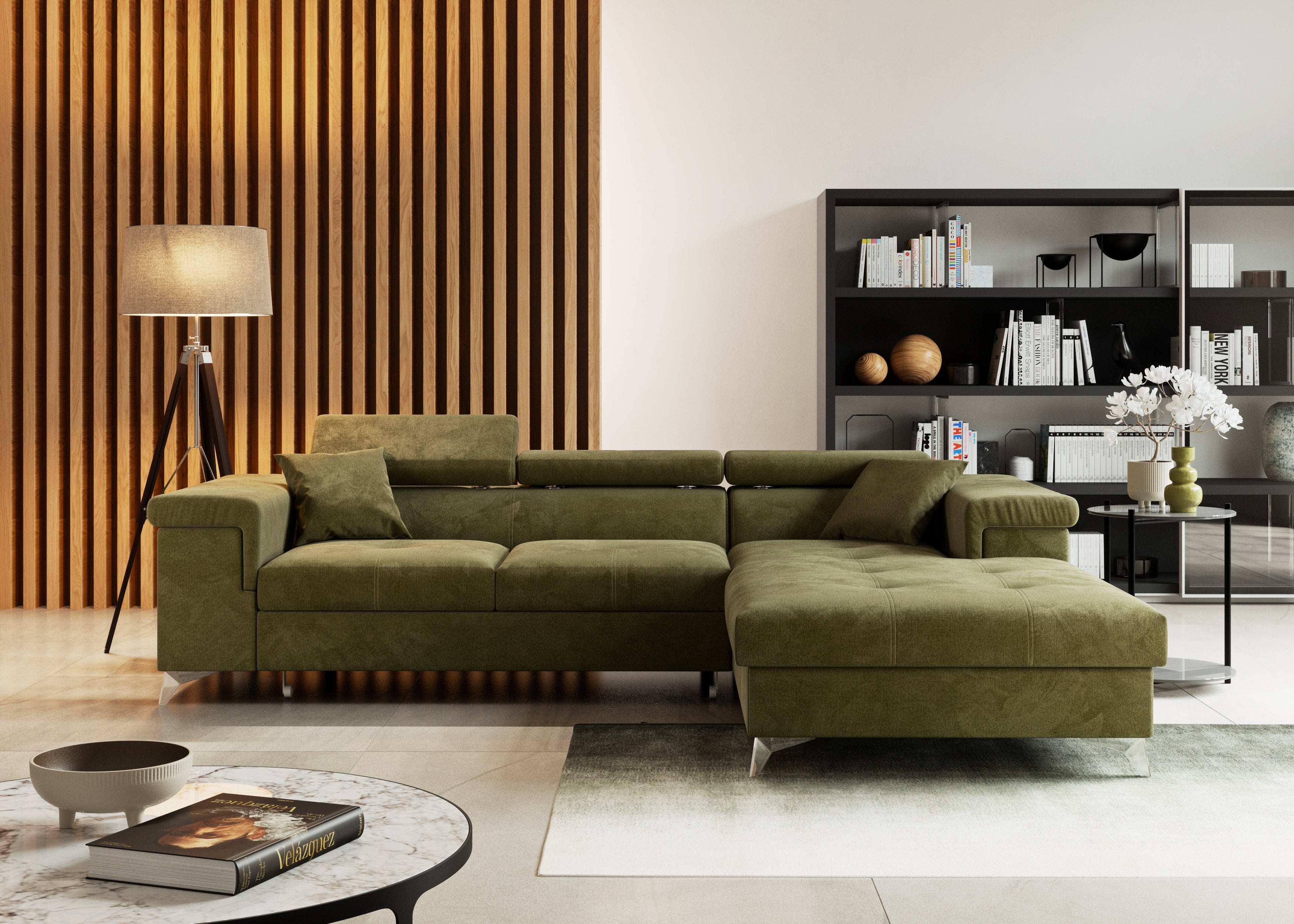 Narożnik Kallvi L- funkcja spania regulowane zagłowki pojemnik na pościel tkanina Monolith welur