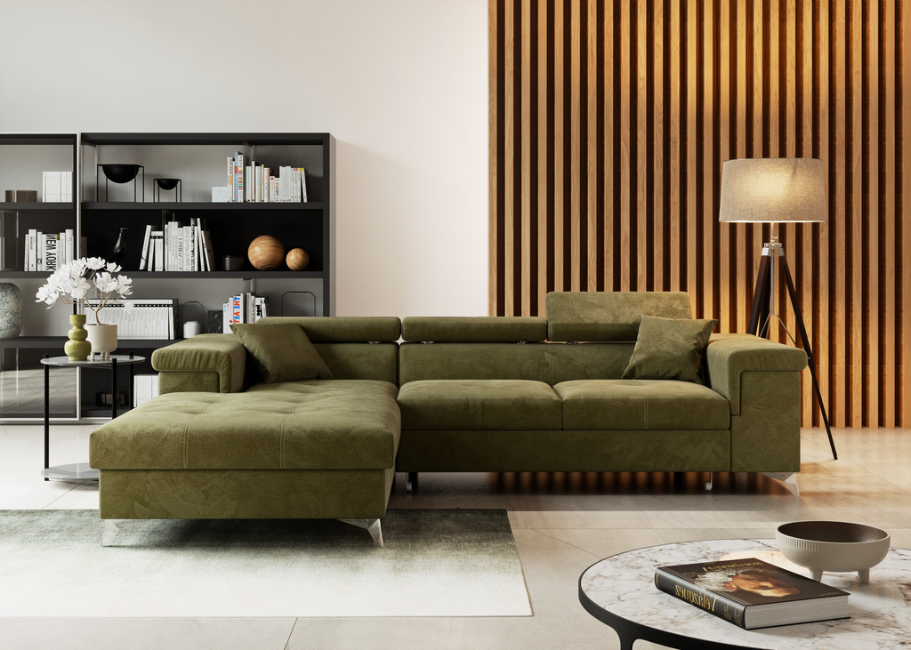 Ecksofa Kallvi L - Schlaffunktion, verstellbare Kopfstützen, Bettkasten, Samtbezug.