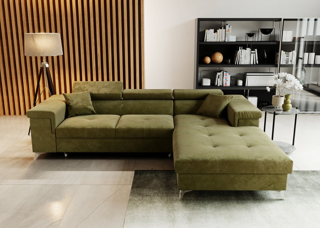 Ecksofa Kallvi L - Schlaffunktion, verstellbare Kopfstützen, Bettkasten, Samtbezug.