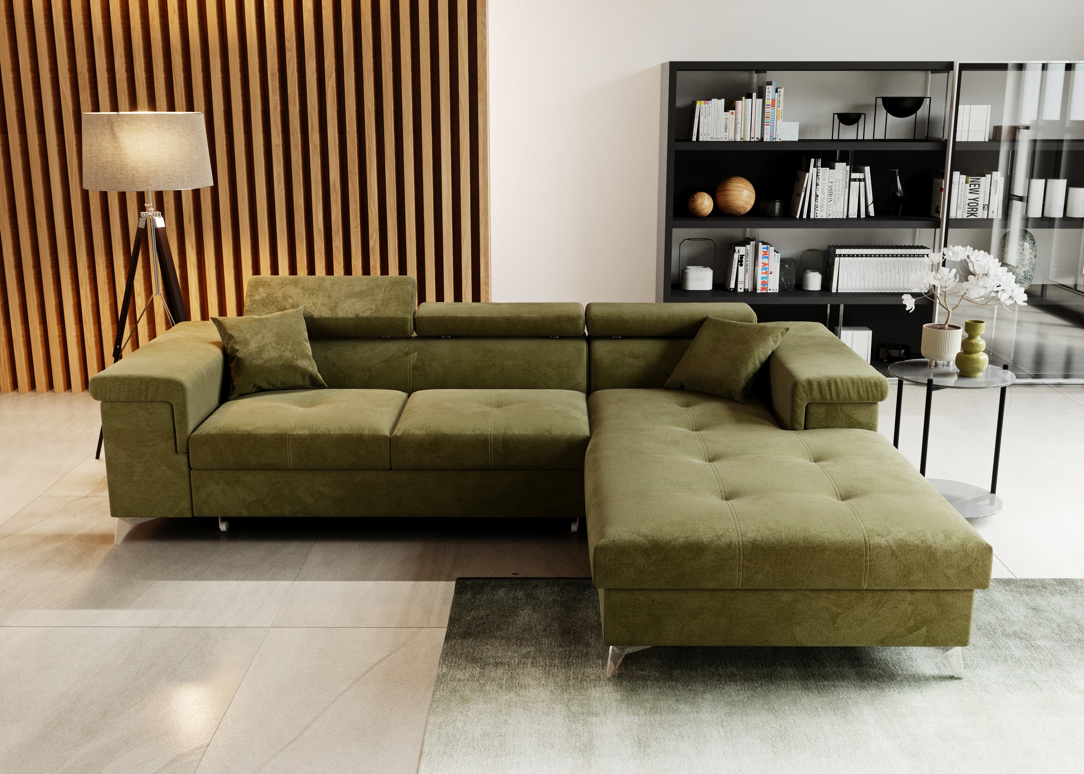 Narożnik Kallvi L- funkcja spania regulowane zagłowki pojemnik na pościel tkanina Monolith welur