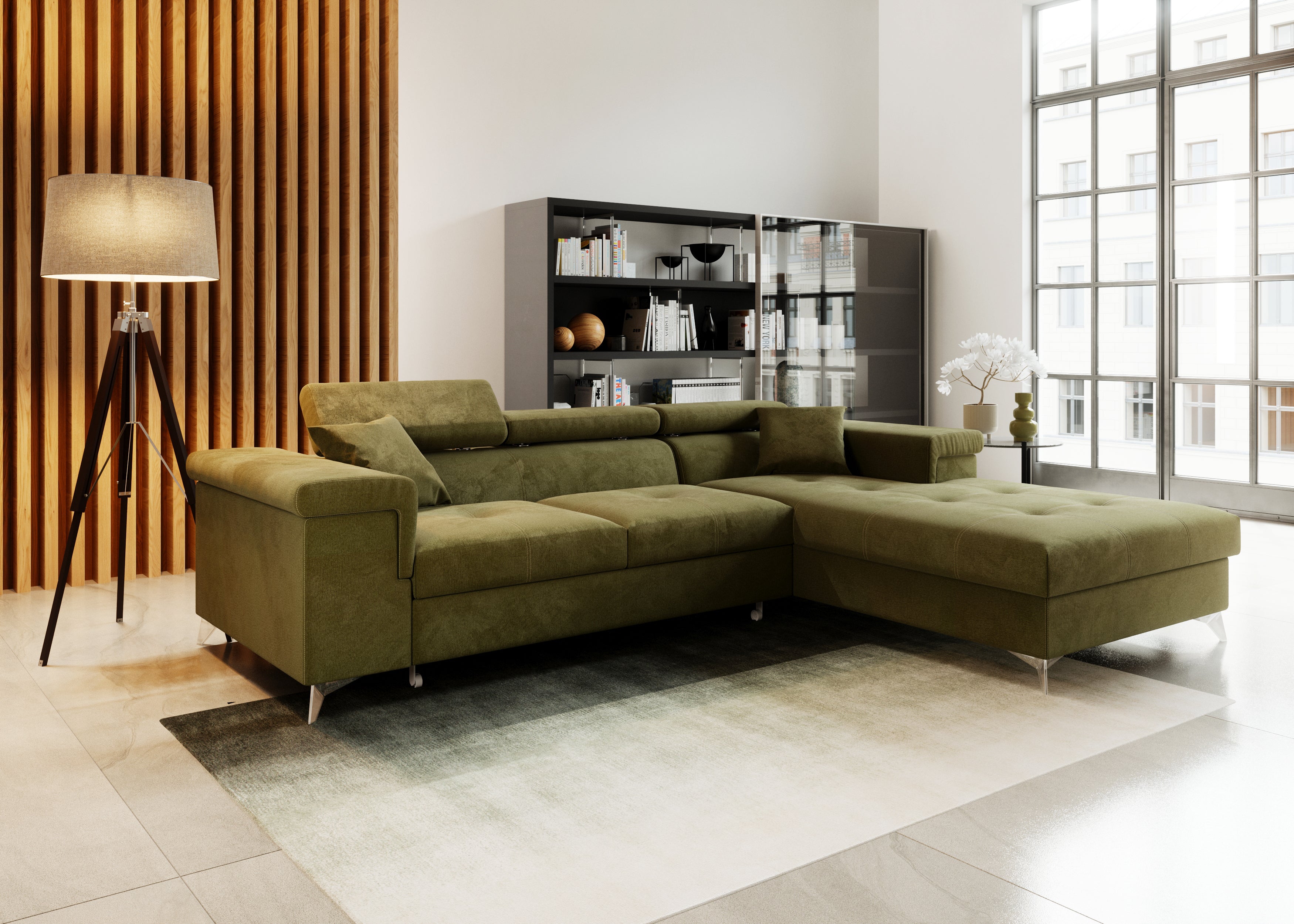 Narożnik Kallvi L- funkcja spania regulowane zagłowki pojemnik na pościel tkanina Monolith welur