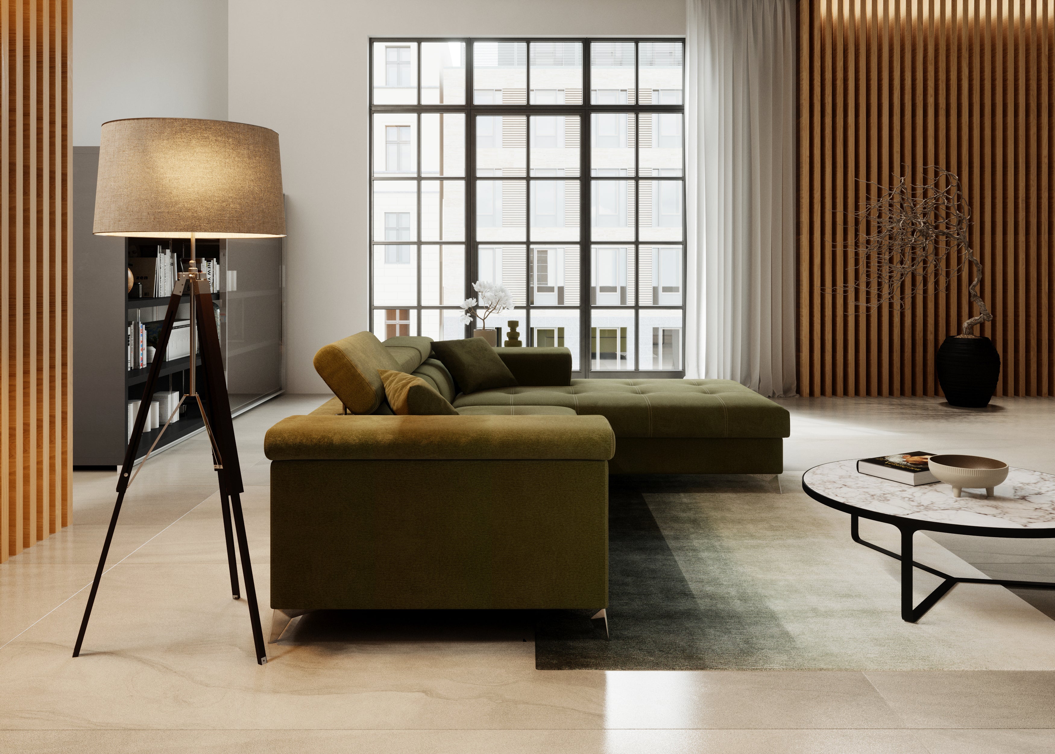 Narożnik Kallvi L- funkcja spania regulowane zagłowki pojemnik na pościel tkanina Monolith welur