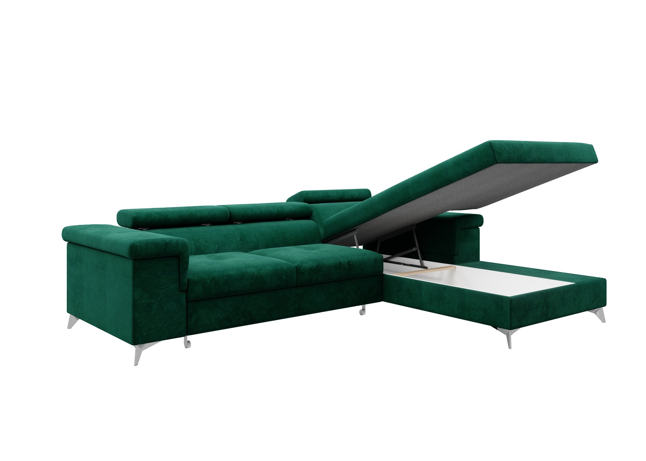 Narożnik Kallvi L- funkcja spania regulowane zagłowki pojemnik na pościel tkanina Monolith welur