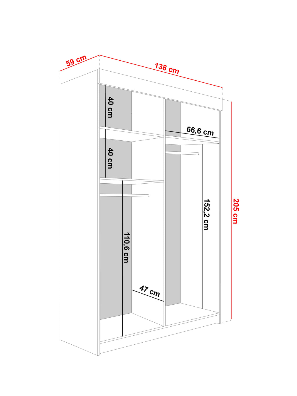 LAMARO 138 Kleiderschrank, 5 Farben, Spiegel 138 cm. Farbe: Weiß; Maße: 138 x 205 x 59 cm