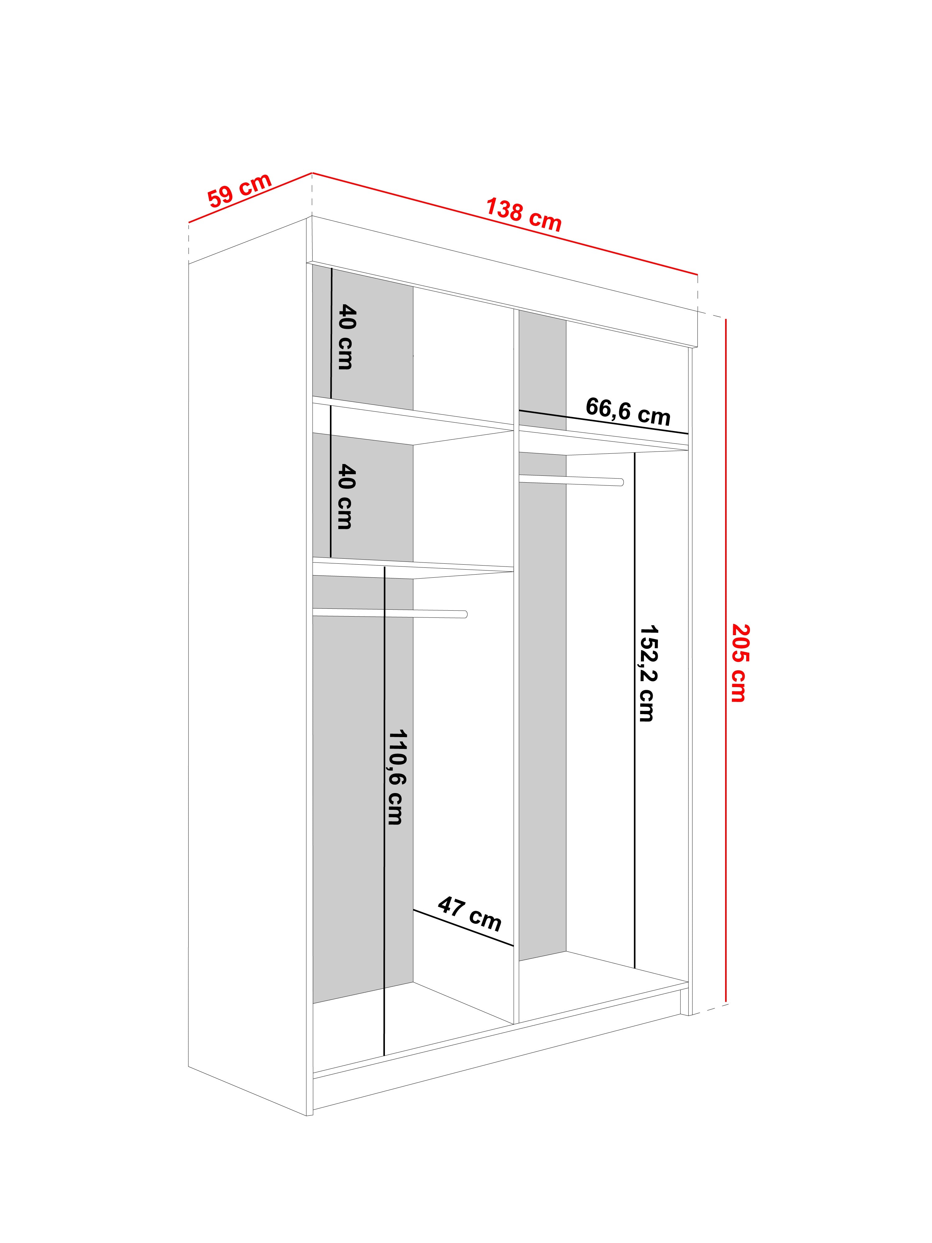 LAMARO 138 Kleiderschrank, 5 Farben, Spiegel 138 cm. Farbe: Weiß; Maße: 138 x 205 x 59 cm