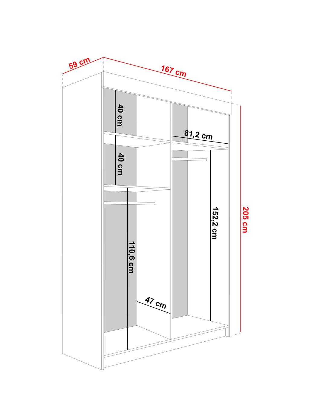 LAMARO 167 Kleiderschrank, 4 Farben, Spiegel 167 cm. Farbe: Weiß; Maße: 167 x 205 x 59 cm