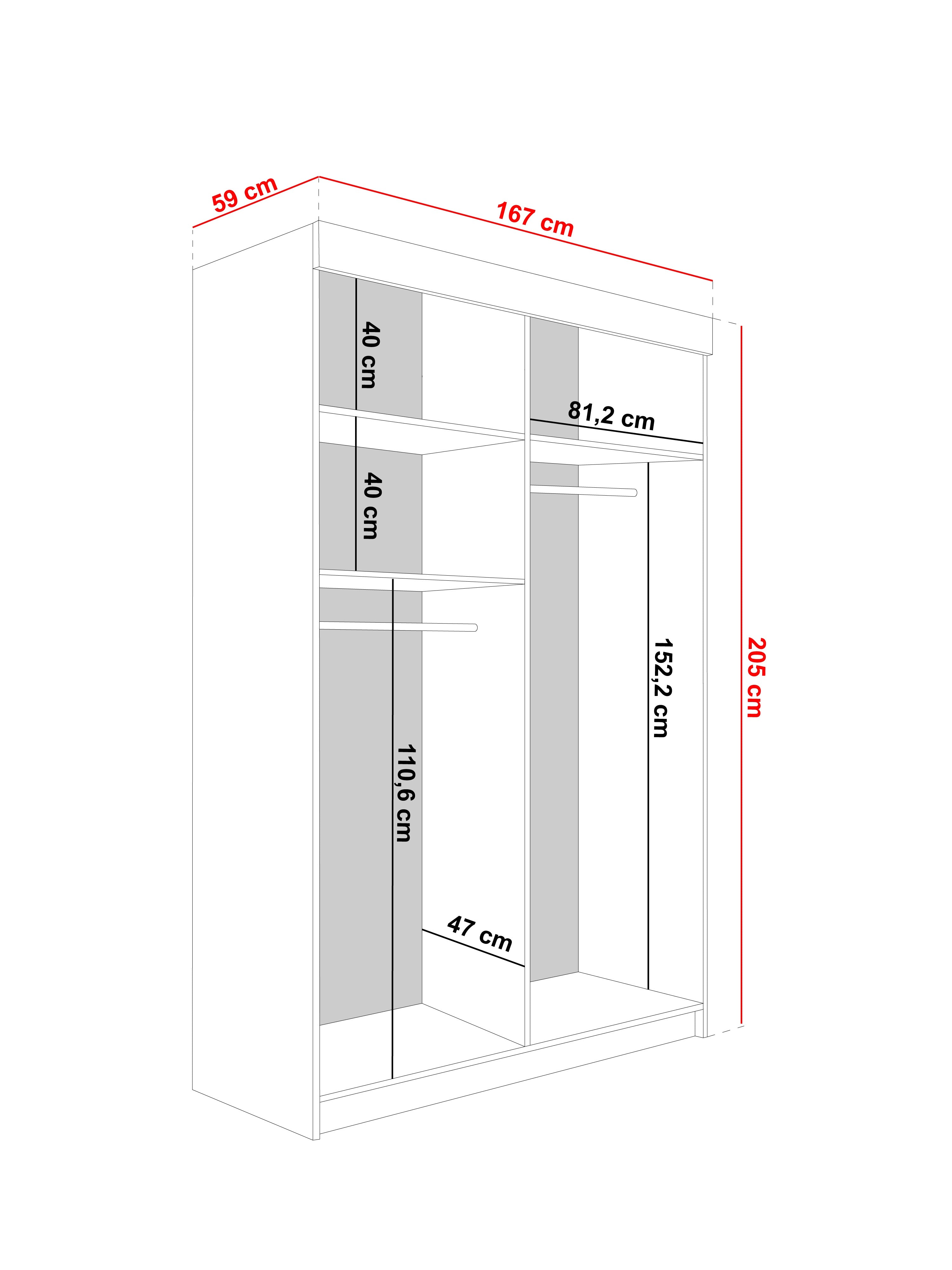 LAMARO 167 Kleiderschrank, 4 Farben, Spiegel 167 cm. Farbe: Weiß; Maße: 167 x 205 x 59 cm