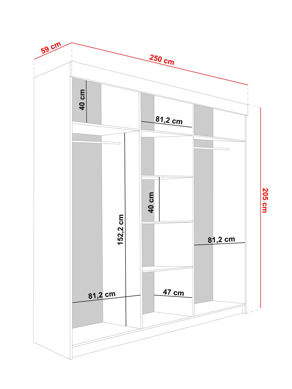 Kleiderschrank LAMARO 250, Spiegel, 4 Farben, 250 cm. Farbe: Weiß; Maße: 250 x 205 x 59 cm