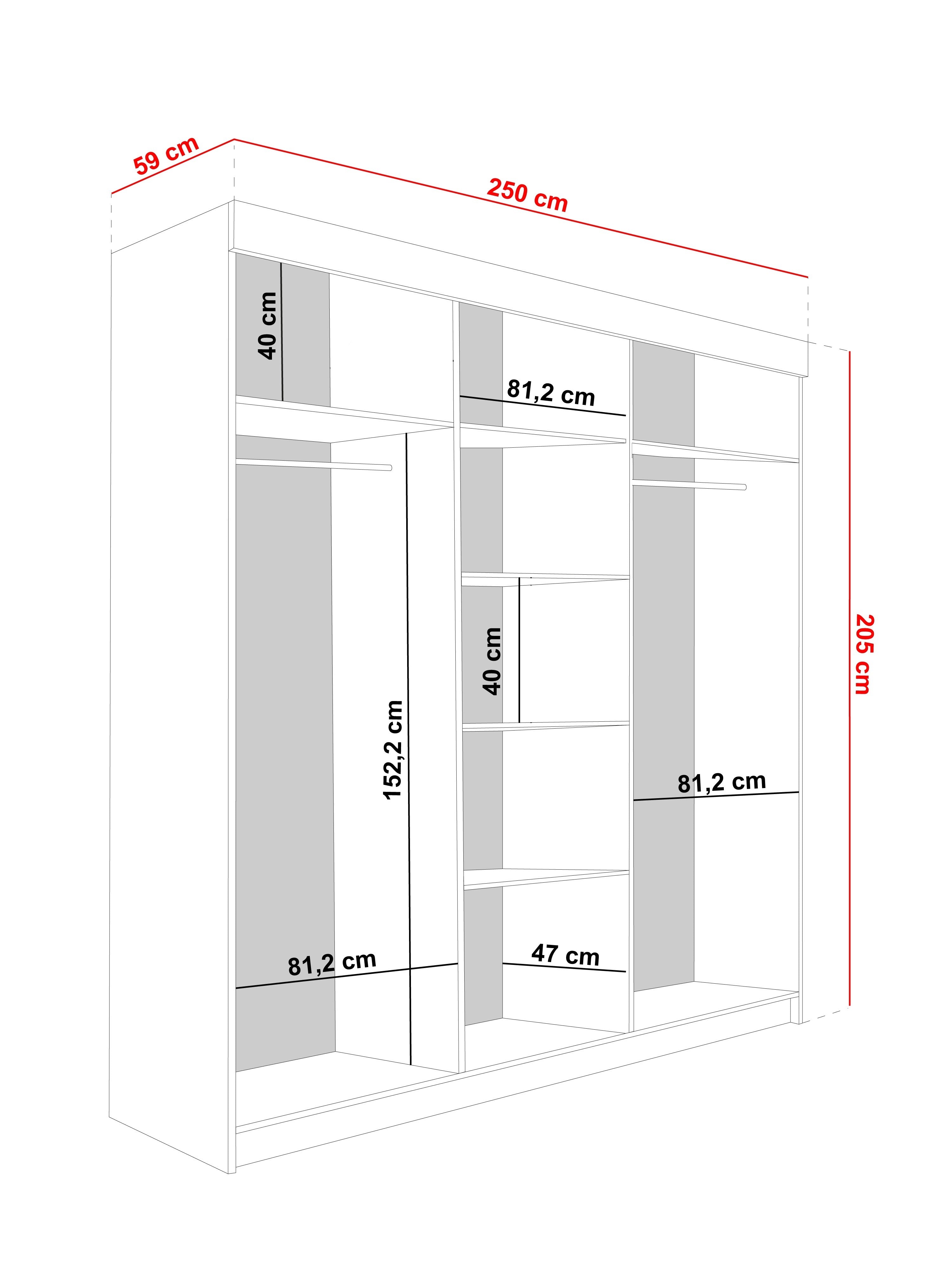 Kleiderschrank LAMARO 250, Spiegel, 4 Farben, 250 cm. Farbe: Weiß; Maße: 250 x 205 x 59 cm
