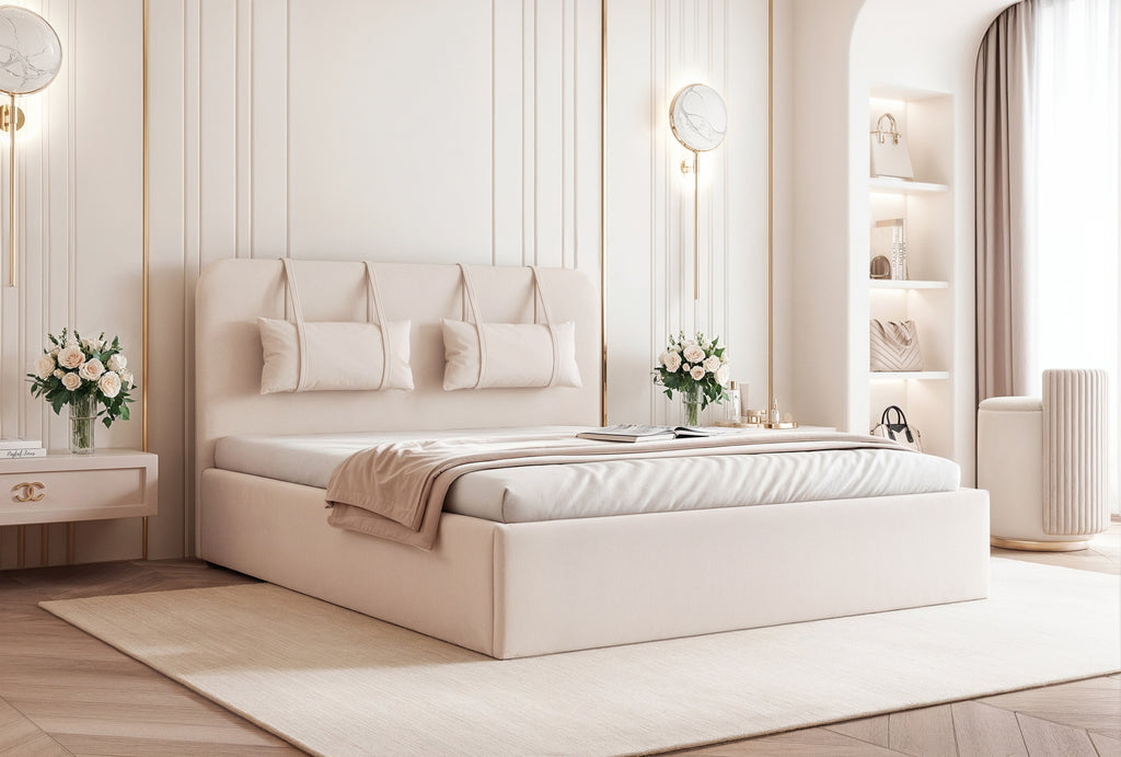 Lavira Polsterbett mit Bettkasten und höhenverstellbarem Metallrahmen