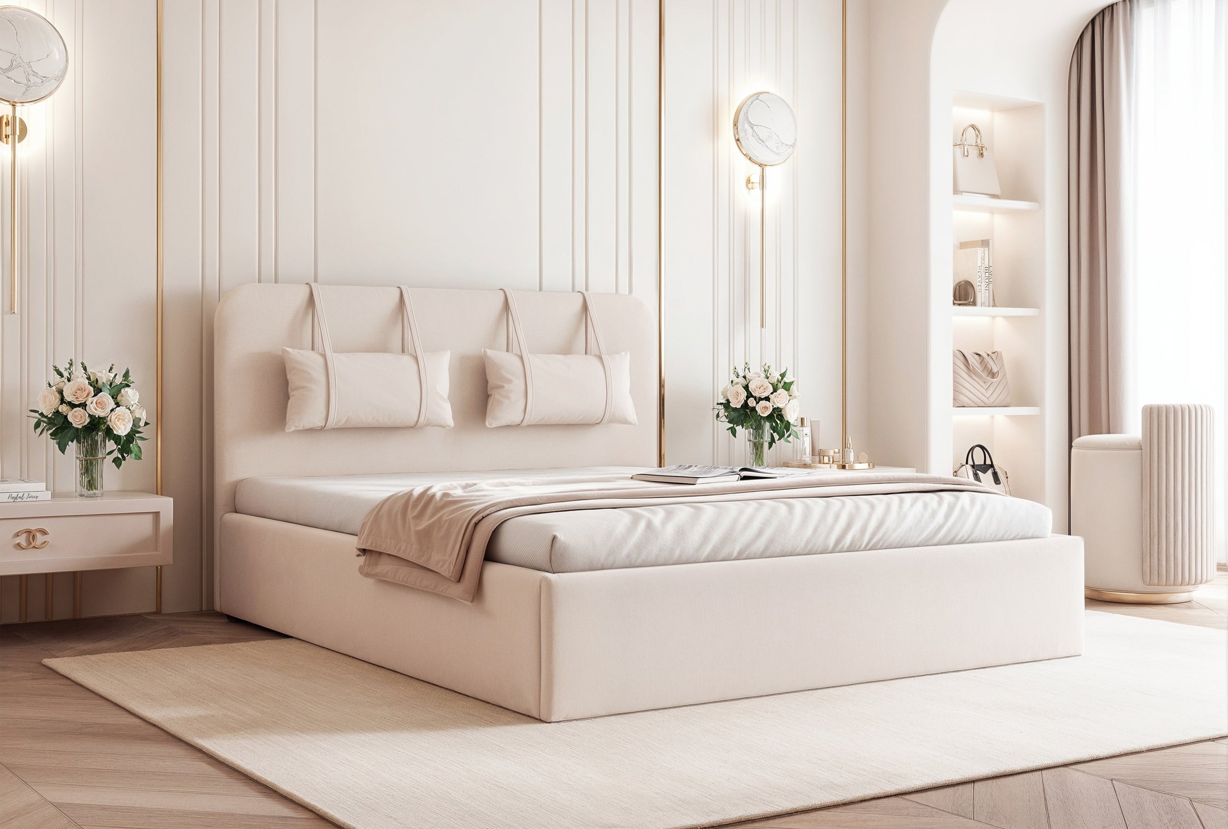 Lavira Polsterbett mit Bettkasten und höhenverstellbarem Metallrahmen