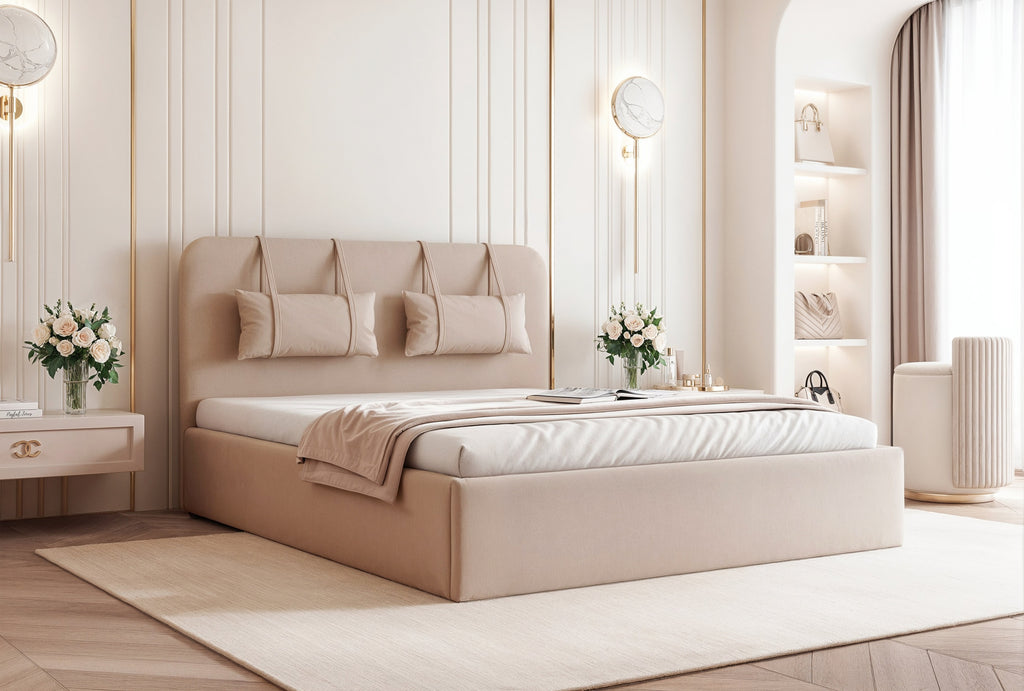 Lavira Polsterbett mit Bettkasten und höhenverstellbarem Metallrahmen