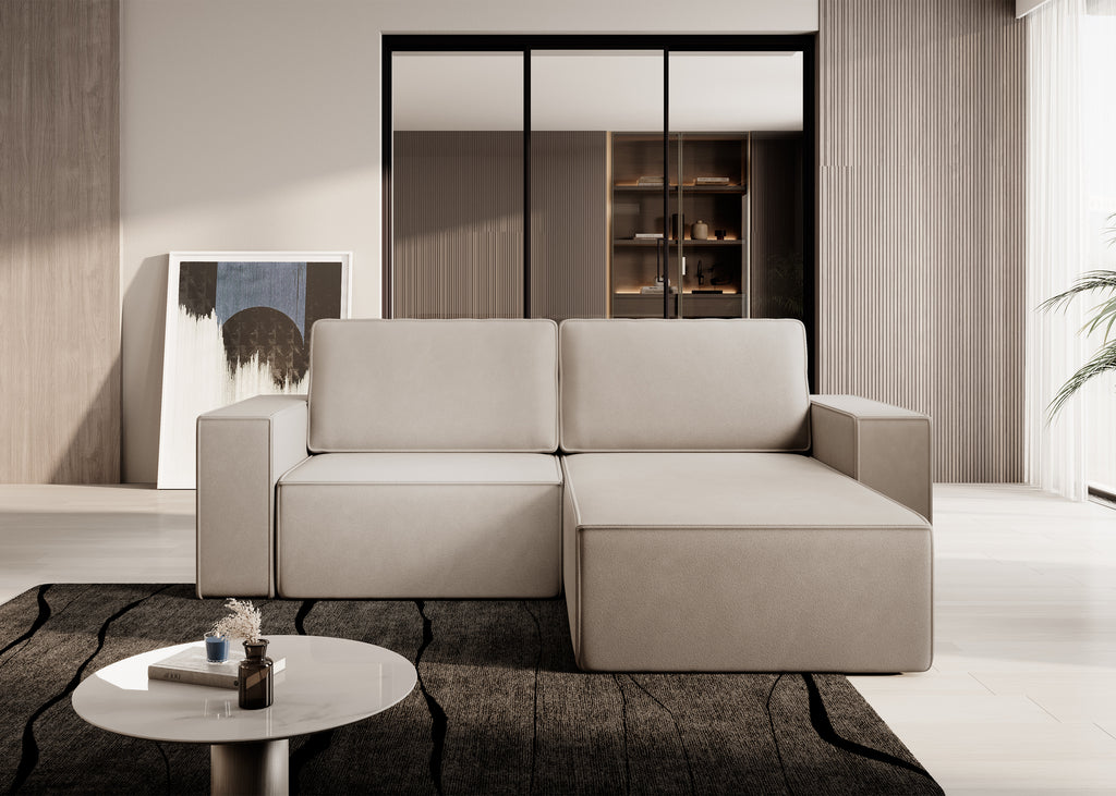 Lunari L-förmiges Ecksofa – mit Schlaffunktion und Bettkasten, Bezug aus magischem Samt