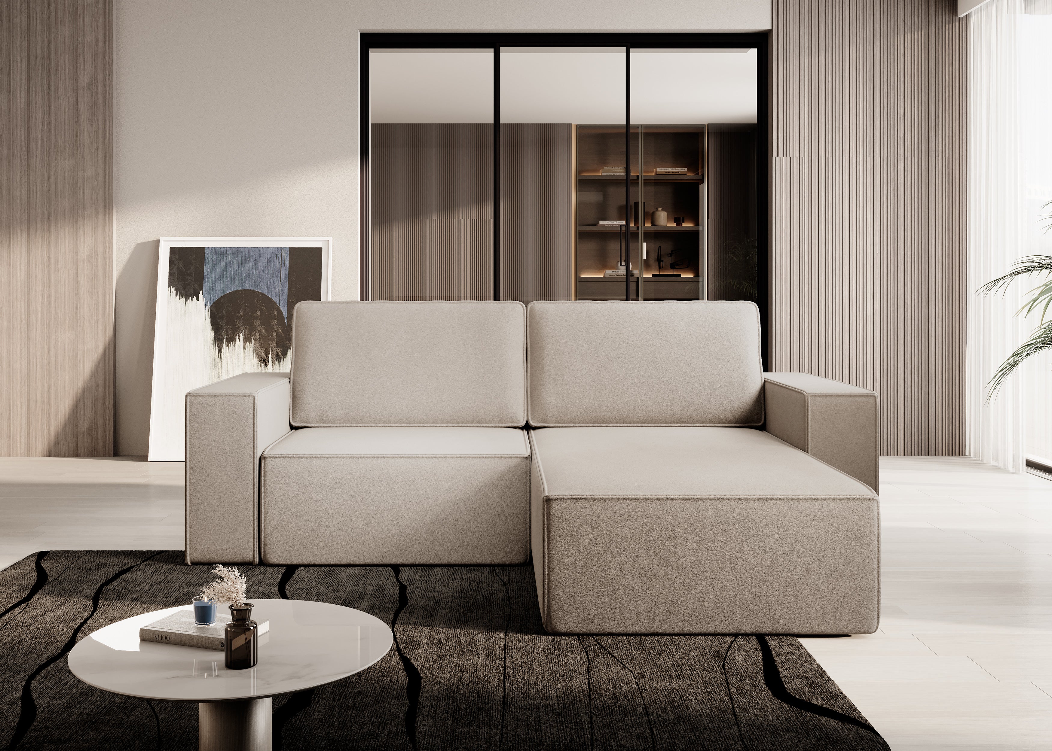 Lunari L-förmiges Ecksofa – mit Schlaffunktion und Bettkasten, Bezug aus magischem Samt