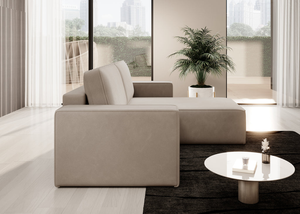 Lunari L-förmiges Ecksofa – mit Schlaffunktion und Bettkasten, Bezug aus magischem Samt