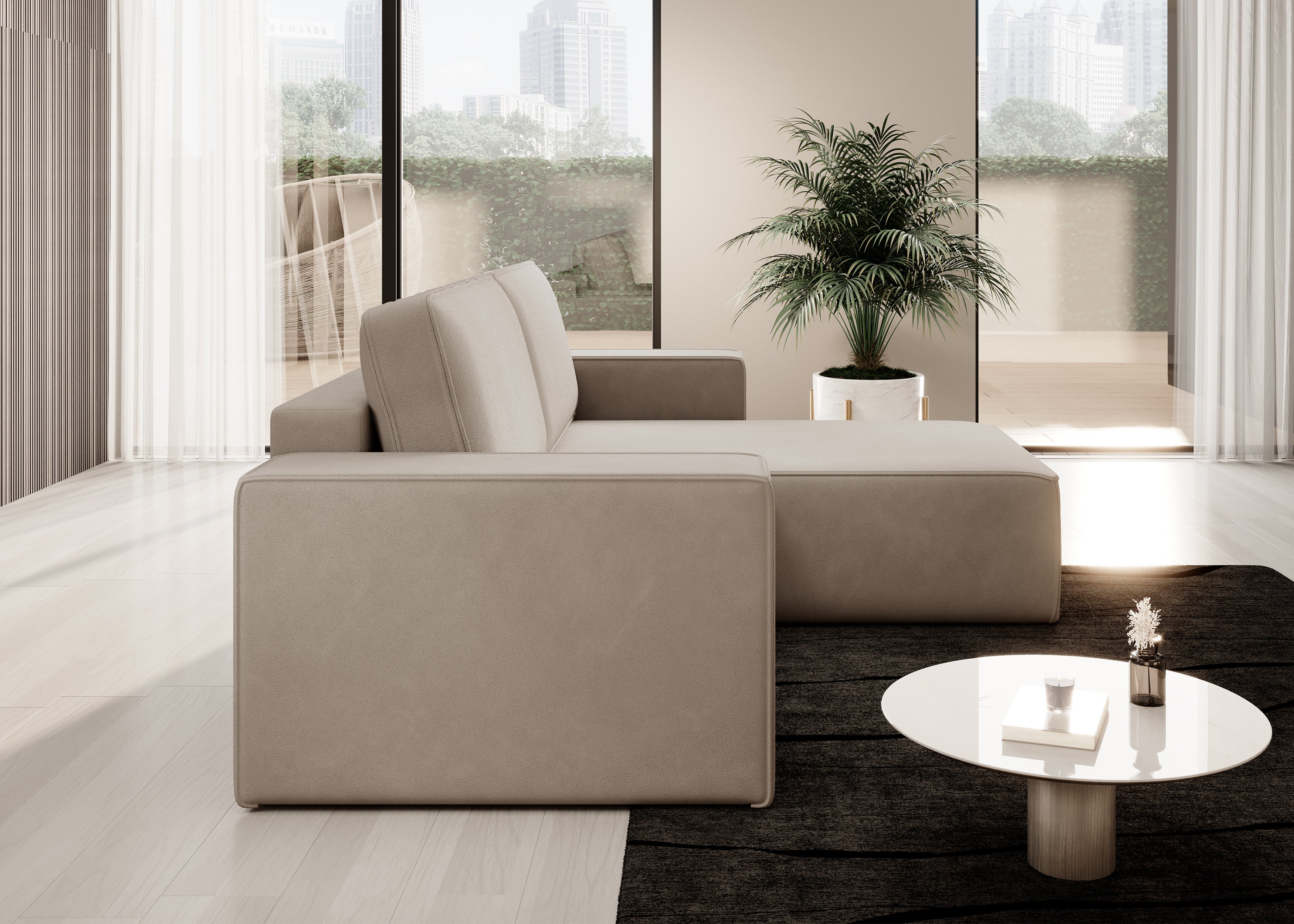 Lunari L-förmiges Ecksofa – mit Schlaffunktion und Bettkasten, Bezug aus magischem Samt