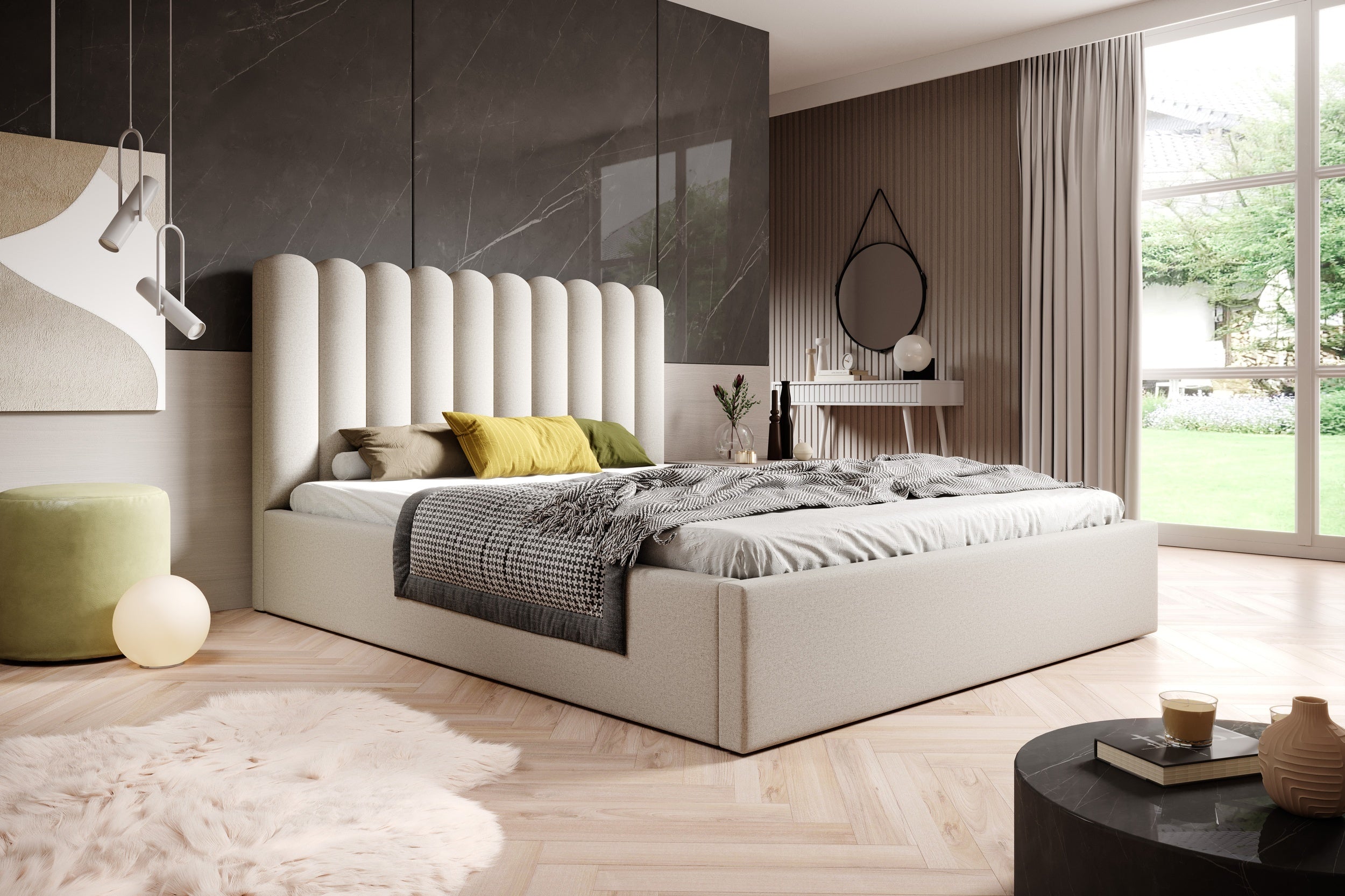 Polsterbett Lorica mit Bettkasten, beigefarbener wasserabweisender Stoff.