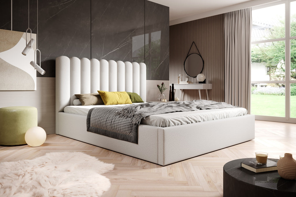 Polsterbett Lorica mit Bettkasten, hellbeige, wasserabweisender Stoff.