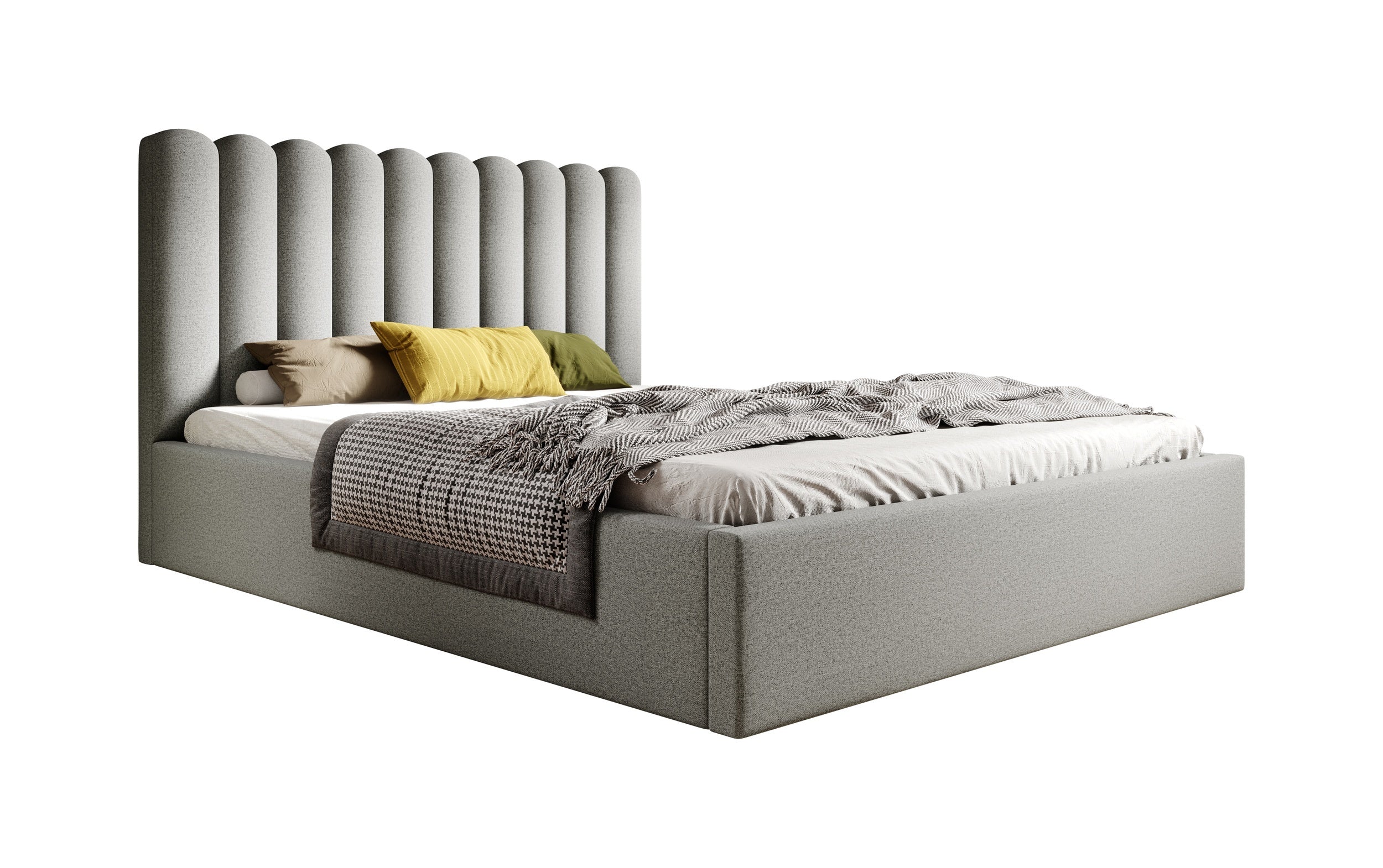 Polsterbett Lorica mit Bettkasten, grauer wasserabweisender Stoff.